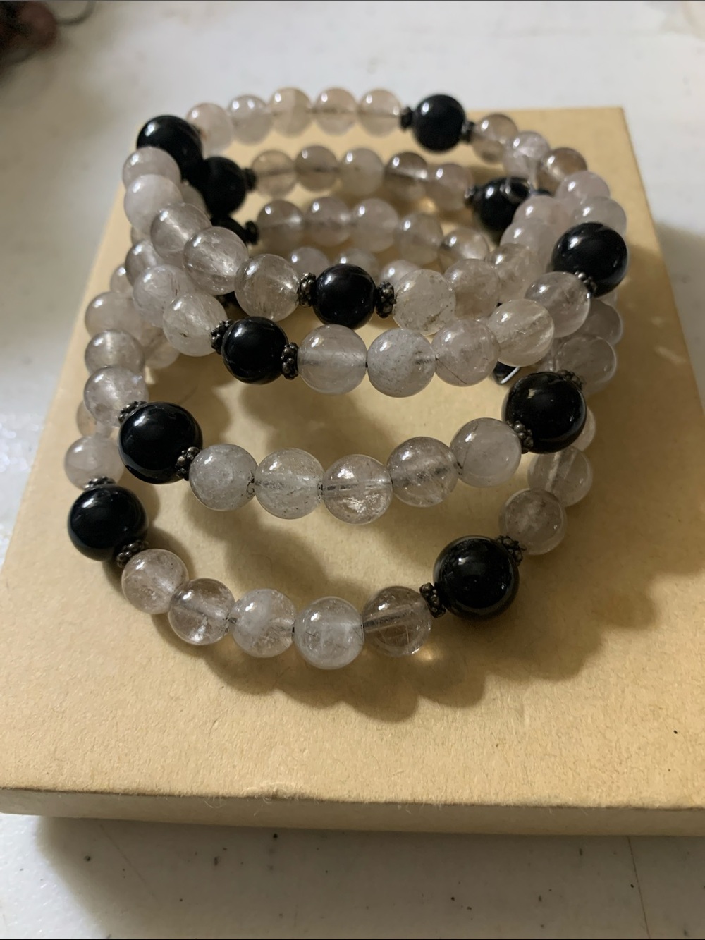 Beaded Black Turmaline. and Clear Quartz Crystal Bracelet